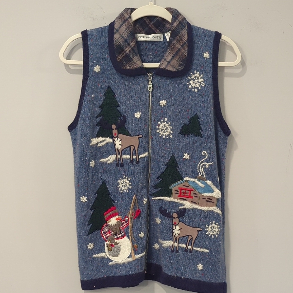 Blue Holiday Vest with Reindeer and Snowman‎